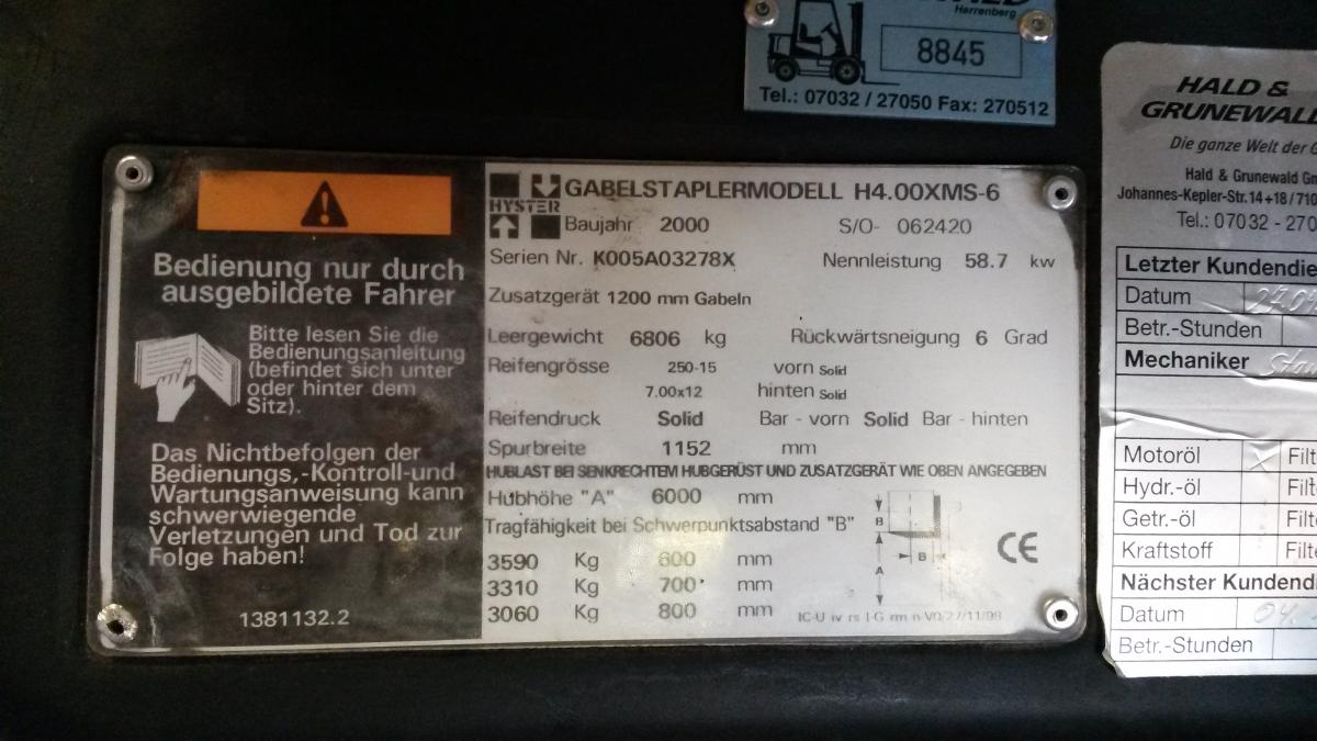 Hyster Frontstapler H 4.00 XMS-6L, Typenschild